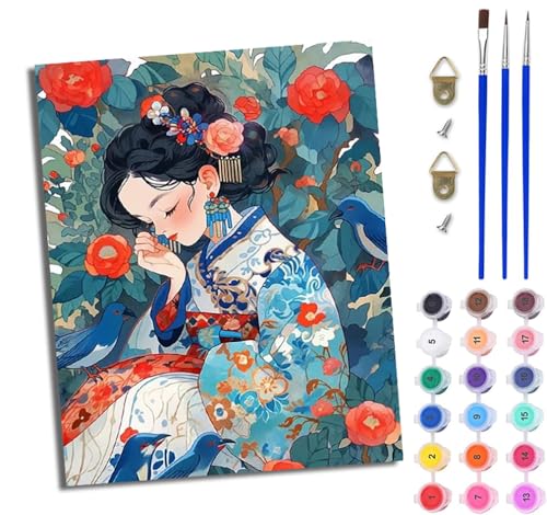WJWWANG Malen Nach Zahlen Erwachsene Paint by Numbers Malen Nach Zahlen mit Pinseln und Acrylfarben Blume im antiken Stil Mädchen Handgemalte Ölgemälde Leinwand für Home Décor Ohne Rahmen von WJWWANG