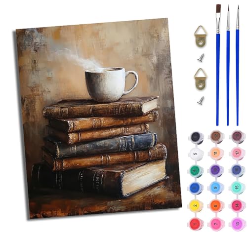 WJWWANG Malen Nach Zahlen Erwachsene Paint by Numbers Malen Nach Zahlen mit Pinseln und Acrylfarben Bücher und Kaffee Handgemalte Ölgemälde Leinwand für Home Décor Ohne Rahmen von WJWWANG