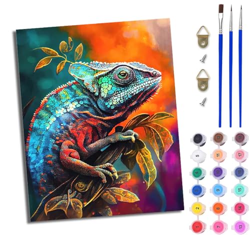 WJWWANG Malen Nach Zahlen Erwachsene Paint by Numbers Malen Nach Zahlen mit Pinseln und Acrylfarben Chamäleon in Tarnung Handgemalte Ölgemälde Leinwand für Home Décor Ohne Rahmen von WJWWANG