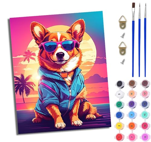 WJWWANG Malen Nach Zahlen Erwachsene Paint by Numbers Malen Nach Zahlen mit Pinseln und Acrylfarben Corgi im Urlaub Handgemalte Ölgemälde Leinwand für Home Décor Ohne Rahmen von WJWWANG