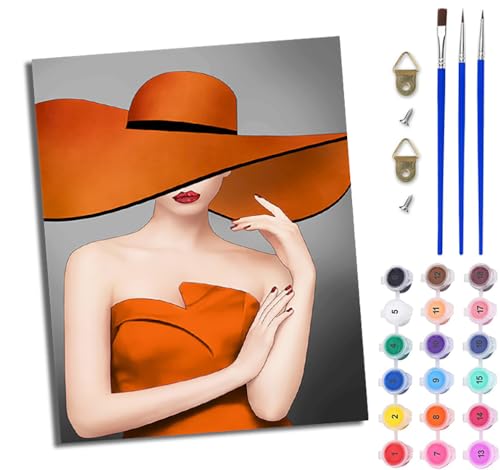 WJWWANG Malen Nach Zahlen Erwachsene Paint by Numbers Malen Nach Zahlen mit Pinseln und Acrylfarben Elegante Frau mit Hut Handgemalte Ölgemälde Leinwand für Home Décor Ohne Rahmen von WJWWANG