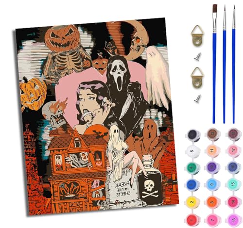 WJWWANG Malen Nach Zahlen Erwachsene Paint by Numbers Malen Nach Zahlen mit Pinseln und Acrylfarben Geister am Tag der Toten Handgemalte Ölgemälde Leinwand für Home Décor Ohne Rahmen von WJWWANG