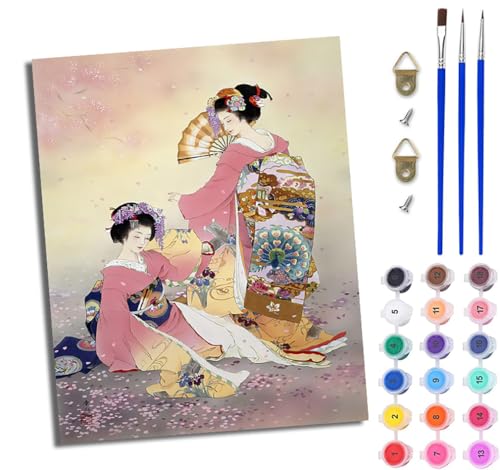 WJWWANG Malen Nach Zahlen Erwachsene Paint by Numbers Malen Nach Zahlen mit Pinseln und Acrylfarben Japanische Geisha-Freunde Handgemalte Ölgemälde Leinwand für Home Décor Ohne Rahmen von WJWWANG