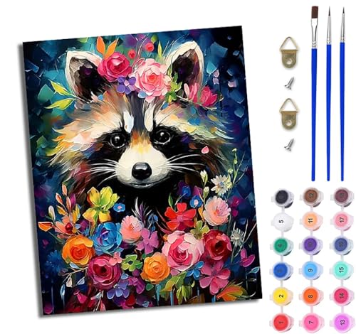 WJWWANG Malen Nach Zahlen Erwachsene Paint by Numbers Malen Nach Zahlen mit Pinseln und Acrylfarben Kleiner Waschbär in den Blumen Handgemalte Ölgemälde Leinwand für Home Décor Ohne Rahmen von WJWWANG