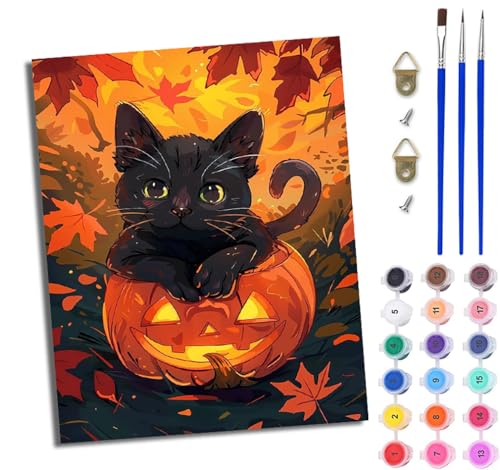 WJWWANG Malen Nach Zahlen Erwachsene Paint by Numbers Malen Nach Zahlen mit Pinseln und Acrylfarben Kürbislaterne und schwarze Katze Handgemalte Ölgemälde Leinwand für Home Décor Ohne Rahmen von WJWWANG