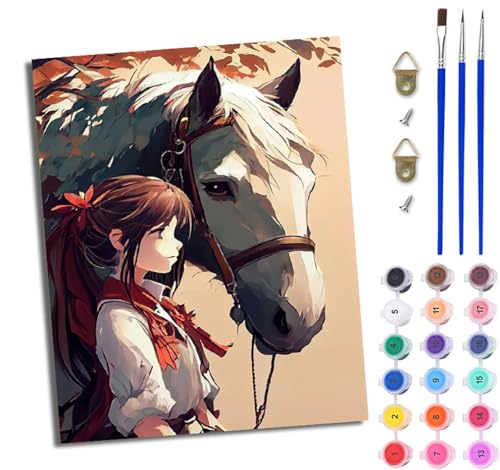 WJWWANG Malen Nach Zahlen Erwachsene Paint by Numbers Malen Nach Zahlen mit Pinseln und Acrylfarben Mädchen mit Pferd Handgemalte Ölgemälde Leinwand für Home Décor Ohne Rahmen von WJWWANG