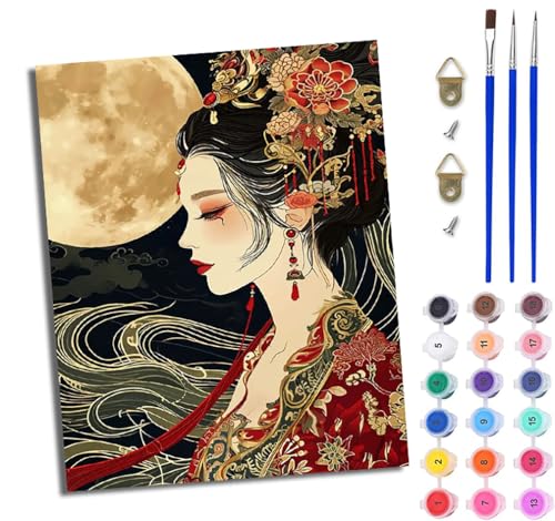 WJWWANG Malen Nach Zahlen Erwachsene Paint by Numbers Malen Nach Zahlen mit Pinseln und Acrylfarben Mond, altes Stil, Mädchen Handgemalte Ölgemälde Leinwand für Home Décor Ohne Rahmen von WJWWANG
