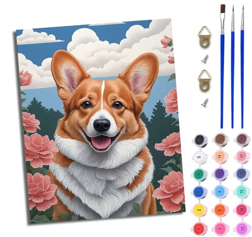 WJWWANG Malen Nach Zahlen Erwachsene Paint by Numbers Malen Nach Zahlen mit Pinseln und Acrylfarben Niedlicher Corgi in den Blumen Handgemalte Ölgemälde Leinwand für Home Décor Ohne Rahmen von WJWWANG