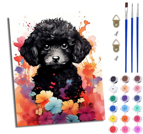 WJWWANG Malen Nach Zahlen Erwachsene Paint by Numbers Malen Nach Zahlen mit Pinseln und Acrylfarben Schwarzer Teddyhund in Blumen Handgemalte Ölgemälde Leinwand für Home Décor Ohne Rahmen von WJWWANG