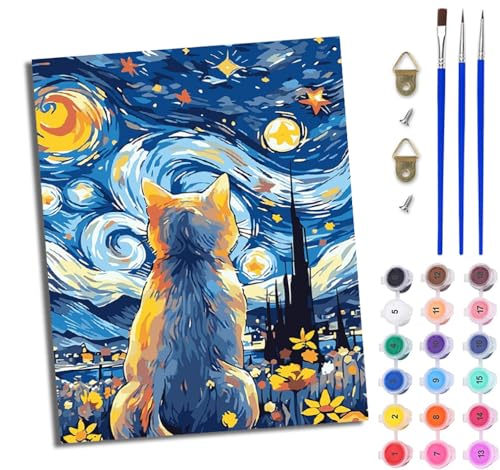 WJWWANG Malen Nach Zahlen Erwachsene Paint by Numbers Malen Nach Zahlen mit Pinseln und Acrylfarben Sternenhimmel Kätzchen zurück Handgemalte Ölgemälde Leinwand für Home Décor Ohne Rahmen von WJWWANG
