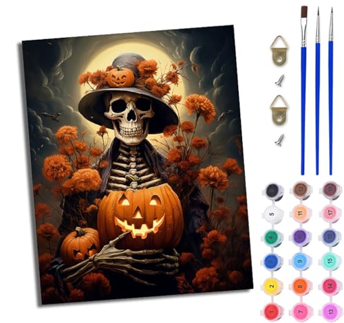 WJWWANG Malen Nach Zahlen Erwachsene Paint by Numbers Malen Nach Zahlen mit Pinseln und Acrylfarben Totenkopf und Kürbislaterne Handgemalte Ölgemälde Leinwand für Home Décor Ohne Rahmen von WJWWANG
