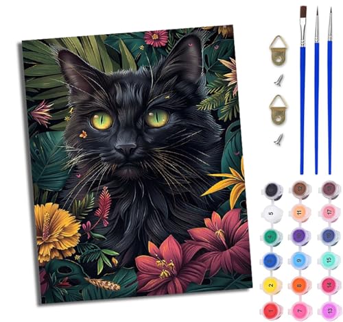 WJWWANG Malen Nach Zahlen Erwachsene Paint by Numbers Malen Nach Zahlen mit Pinseln und Acrylfarben Waldblumen Schwarze Katze Handgemalte Ölgemälde Leinwand für Home Décor Ohne Rahmen von WJWWANG
