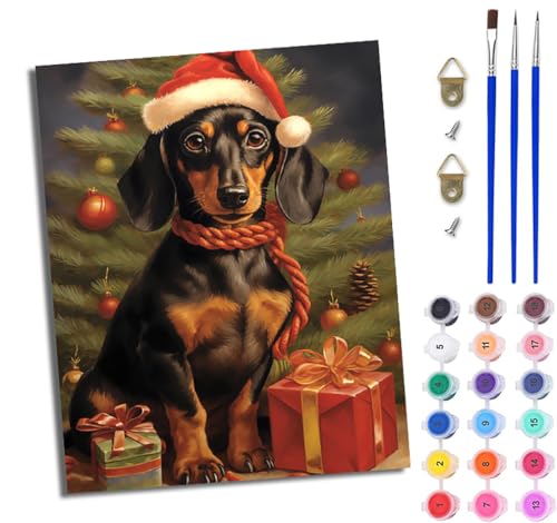 WJWWANG Malen Nach Zahlen Erwachsene Paint by Numbers Malen Nach Zahlen mit Pinseln und Acrylfarben Weihnachtsdackel Handgemalte Ölgemälde Leinwand für Home Décor Ohne Rahmen von WJWWANG