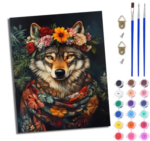 WJWWANG Malen Nach Zahlen Erwachsene Paint by Numbers Malen Nach Zahlen mit Pinseln und Acrylfarben Wolf mit Kranz Handgemalte Ölgemälde Leinwand für Home Décor Ohne Rahmen von WJWWANG