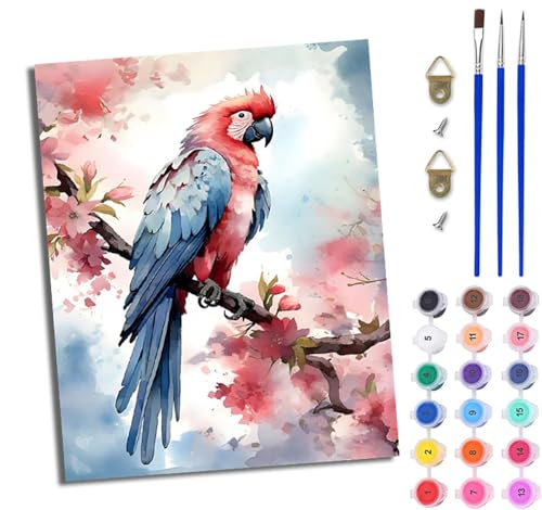WJWWANG Malen Nach Zahlen Erwachsene Paint by Numbers Malen Nach Zahlen mit Pinseln und Acrylfarben Zweige und Blumen, Papagei Handgemalte Ölgemälde Leinwand für Home Décor Ohne Rahmen von WJWWANG