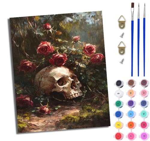 WJWWANG Malen Nach Zahlen Erwachsene Paint by Numbers Malen Nach Zahlen mit Pinseln und Acrylfarben roter Rosenschädel Handgemalte Ölgemälde Leinwand für Home Décor Ohne Rahmen von WJWWANG
