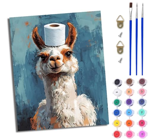 WJWWANG Malen Nach Zahlen ErwachseneAlpaka mit Toilettenpapier auf dem Kopf DIY Handgemalt Ölgemälde Kit für Anfänger und Erwachsene Mit 3-Pinseln und Acrylfarbe Ohne Rahmen 40X50CM von WJWWANG