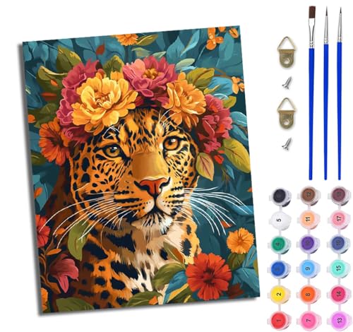 WJWWANG Malen Nach Zahlen ErwachseneBunter Blumenleopard DIY Handgemalt Ölgemälde Kit für Anfänger und Erwachsene Mit 3-Pinseln und Acrylfarbe Ohne Rahmen 40X50CM von WJWWANG