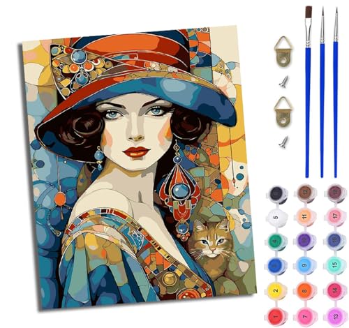 WJWWANG Malen Nach Zahlen ErwachseneFrau und Katze DIY Handgemalt Ölgemälde Kit für Anfänger und Erwachsene Mit 3-Pinseln und Acrylfarbe Ohne Rahmen 40X50CM von WJWWANG