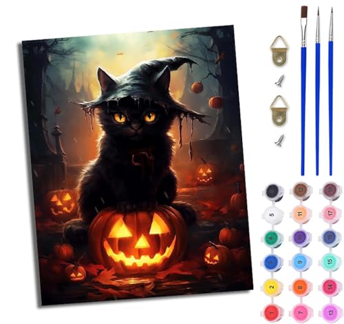 WJWWANG Malen Nach Zahlen ErwachseneHalloween Hexe schwarze Katze DIY Handgemalt Ölgemälde Kit für Anfänger und Erwachsene Mit 3-Pinseln und Acrylfarbe Ohne Rahmen 40X50CM von WJWWANG
