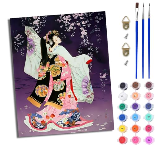 WJWWANG Malen Nach Zahlen ErwachseneJapanische Geisha im Kimono DIY Handgemalt Ölgemälde Kit für Anfänger und Erwachsene Mit 3-Pinseln und Acrylfarbe Ohne Rahmen 40X50CM von WJWWANG