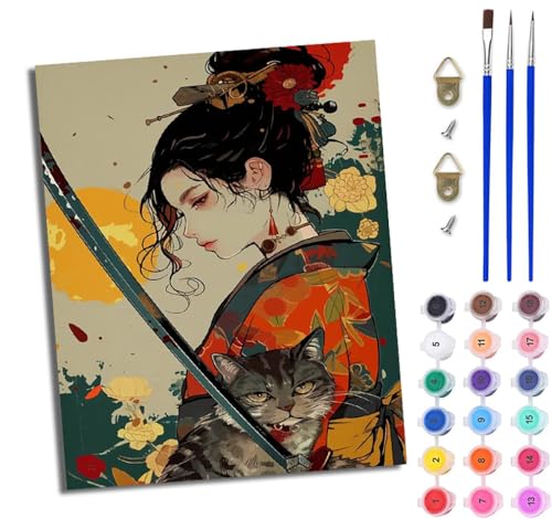 WJWWANG Malen Nach Zahlen ErwachseneJapanisches Mädchen und Kätzchen DIY Handgemalt Ölgemälde Kit für Anfänger und Erwachsene Mit 3-Pinseln und Acrylfarbe Ohne Rahmen 40X50CM von WJWWANG