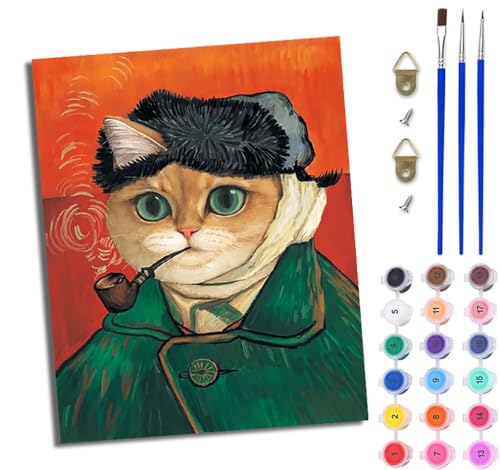 WJWWANG Malen Nach Zahlen ErwachseneKatze mit Pfeife DIY Handgemalt Ölgemälde Kit für Anfänger und Erwachsene Mit 3-Pinseln und Acrylfarbe Ohne Rahmen 40X50CM von WJWWANG