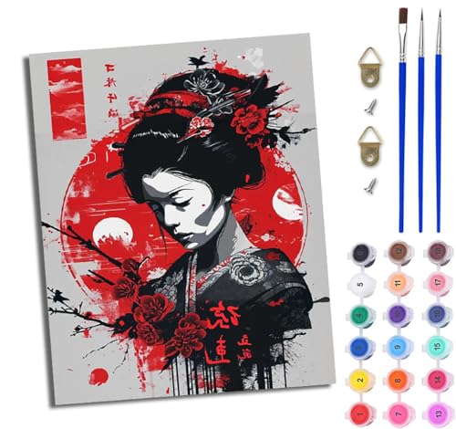 WJWWANG Malen Nach Zahlen ErwachseneMädchen Japanischer Kimono DIY Handgemalt Ölgemälde Kit für Anfänger und Erwachsene Mit 3-Pinseln und Acrylfarbe Ohne Rahmen 40X50CM von WJWWANG