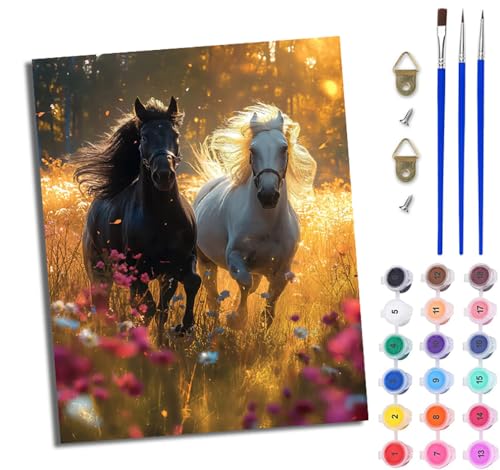 WJWWANG Malen Nach Zahlen ErwachsenePaar Pferd Blumen DIY Handgemalt Ölgemälde Kit für Anfänger und Erwachsene Mit 3-Pinseln und Acrylfarbe Ohne Rahmen 40X50CM von WJWWANG