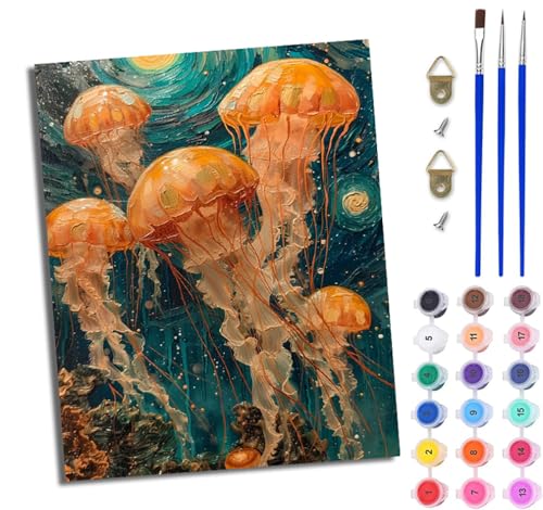 WJWWANG Malen Nach Zahlen ErwachseneQuallentanz unter den Sternen DIY Handgemalt Ölgemälde Kit für Anfänger und Erwachsene Mit 3-Pinseln und Acrylfarbe Ohne Rahmen 40X50CM von WJWWANG