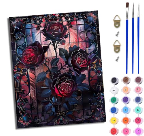 WJWWANG Malen Nach Zahlen ErwachseneRosen und Buntglas DIY Handgemalt Ölgemälde Kit für Anfänger und Erwachsene Mit 3-Pinseln und Acrylfarbe Ohne Rahmen 40X50CM von WJWWANG
