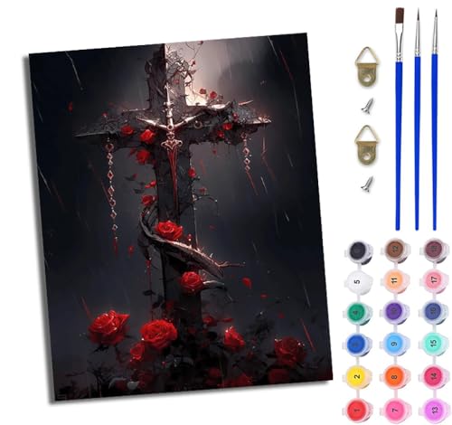 WJWWANG Malen Nach Zahlen ErwachseneRosenbuschkreuz DIY Handgemalt Ölgemälde Kit für Anfänger und Erwachsene Mit 3-Pinseln und Acrylfarbe Ohne Rahmen 40X50CM von WJWWANG