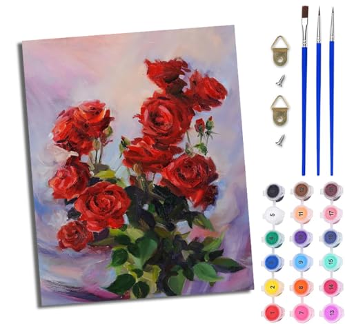 WJWWANG Malen Nach Zahlen ErwachseneRote Rose DIY Handgemalt Ölgemälde Kit für Anfänger und Erwachsene Mit 3-Pinseln und Acrylfarbe Ohne Rahmen 40X50CM von WJWWANG