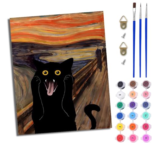 WJWWANG Malen Nach Zahlen ErwachseneSchreiende schwarze Katze DIY Handgemalt Ölgemälde Kit für Anfänger und Erwachsene Mit 3-Pinseln und Acrylfarbe Ohne Rahmen 40X50CM von WJWWANG