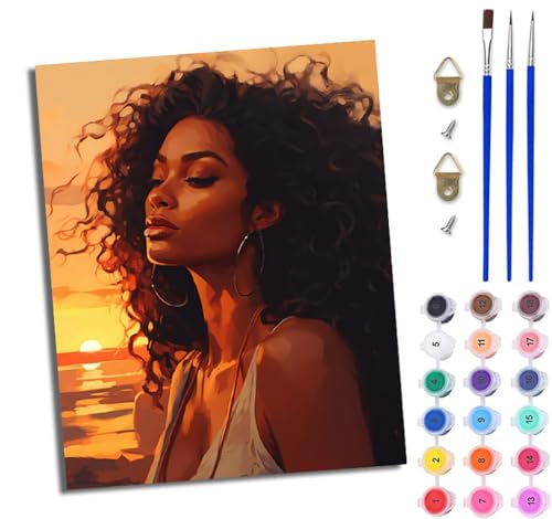 WJWWANG Malen Nach Zahlen ErwachseneSonnenuntergang afrikanisches Mädchen DIY Handgemalt Ölgemälde Kit für Anfänger und Erwachsene Mit 3-Pinseln und Acrylfarbe Ohne Rahmen 40X50CM von WJWWANG