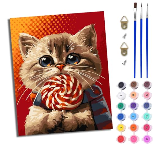 WJWWANG Malen Nach Zahlen ErwachseneSüßes Kätzchen isst Lutscher DIY Handgemalt Ölgemälde Kit für Anfänger und Erwachsene Mit 3-Pinseln und Acrylfarbe Ohne Rahmen 40X50CM von WJWWANG