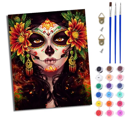 WJWWANG Malen Nach Zahlen ErwachseneTag der Toten Geistergesicht Mädchen DIY Handgemalt Ölgemälde Kit für Anfänger und Erwachsene Mit 3-Pinseln und Acrylfarbe Ohne Rahmen 40X50CM von WJWWANG