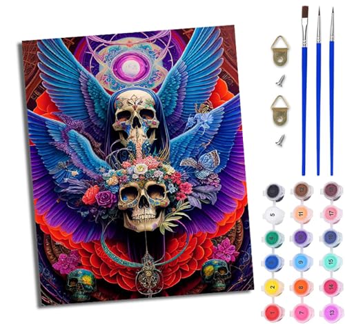 WJWWANG Malen Nach Zahlen ErwachseneTag der Toten Totenkopf Blumen DIY Handgemalt Ölgemälde Kit für Anfänger und Erwachsene Mit 3-Pinseln und Acrylfarbe Ohne Rahmen 40X50CM von WJWWANG