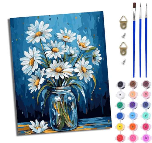 WJWWANG Malen Nach Zahlen ErwachseneVase mit Chrysanthemen DIY Handgemalt Ölgemälde Kit für Anfänger und Erwachsene Mit 3-Pinseln und Acrylfarbe Ohne Rahmen 40X50CM von WJWWANG