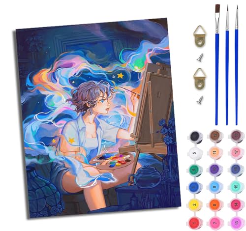 WJWWANG Malen Nach Zahlen ErwachseneVerträumtes Zeichnungsmädchen DIY Handgemalt Ölgemälde Kit für Anfänger und Erwachsene Mit 3-Pinseln und Acrylfarbe Ohne Rahmen 40X50CM von WJWWANG