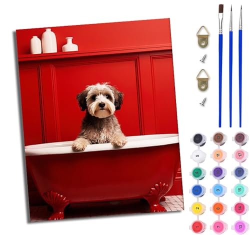 WJWWANG Malen Nach Zahlen ErwachseneWelpe in der Badewanne DIY Handgemalt Ölgemälde Kit für Anfänger und Erwachsene Mit 3-Pinseln und Acrylfarbe Ohne Rahmen 40X50CM von WJWWANG