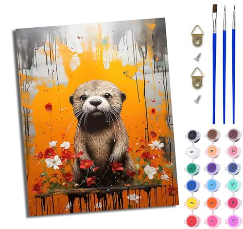 WJWWANG Malen Nach Zahlen ErwachseneWildotter mit Blumen DIY Handgemalt Ölgemälde Kit für Anfänger und Erwachsene Mit 3-Pinseln und Acrylfarbe Ohne Rahmen 40X50CM von WJWWANG