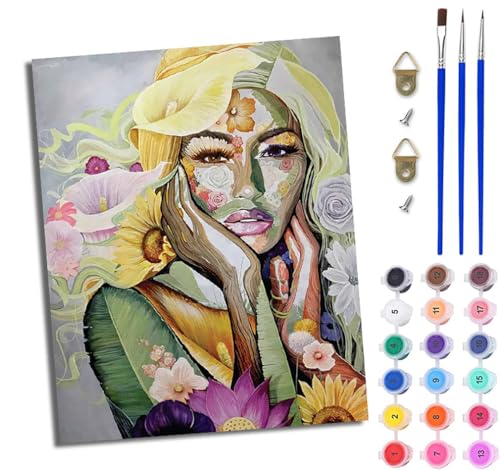 WJWWANG Malen nach Zahlen DIY Handgemalt Ölgemälde Set für Anfänger und Jugendliche Abstrakte Frau mit Blumen Pinsel und Acrylfarbe 40x50 cm ideal als Geschenk oder zur Heimdekoration von WJWWANG