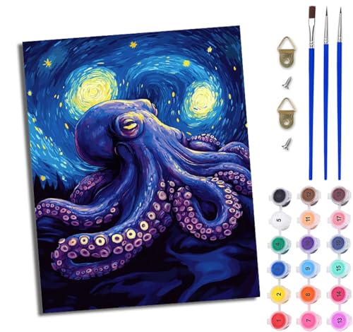 WJWWANG Malen nach Zahlen DIY Handgemalt Ölgemälde Set für Anfänger und Jugendliche Abstrakter Mondlicht-Oktopus Pinsel und Acrylfarbe 40x50 cm ideal als Geschenk oder zur Heimdekoration von WJWWANG