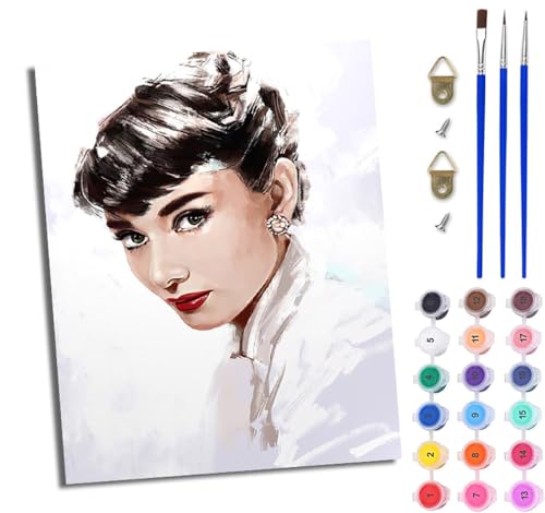 WJWWANG Malen nach Zahlen DIY Handgemalt Ölgemälde Set für Anfänger und Jugendliche Audrey Hepburn Porträt Pinsel und Acrylfarbe 40x50 cm ideal als Geschenk oder zur Heimdekoration von WJWWANG
