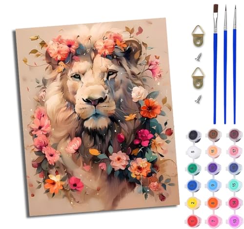 WJWWANG Malen nach Zahlen DIY Handgemalt Ölgemälde Set für Anfänger und Jugendliche Blume Majestätischer Löwe Pinsel und Acrylfarbe 40x50 cm ideal als Geschenk oder zur Heimdekoration von WJWWANG