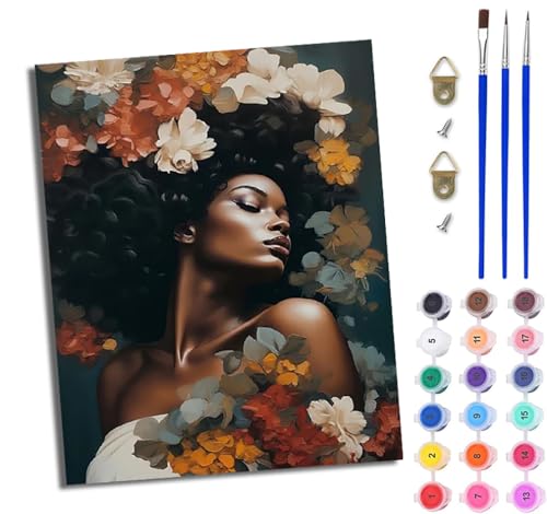 WJWWANG Malen nach Zahlen DIY Handgemalt Ölgemälde Set für Anfänger und Jugendliche Blumen Afrikanisches Mädchen Pinsel und Acrylfarbe 40x50 cm ideal als Geschenk oder zur Heimdekoration von WJWWANG
