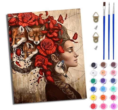 WJWWANG Malen nach Zahlen DIY Handgemalt Ölgemälde Set für Anfänger und Jugendliche Blumenfuchs Frau Pinsel und Acrylfarbe 40x50 cm ideal als Geschenk oder zur Heimdekoration von WJWWANG