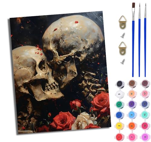 WJWWANG Malen nach Zahlen DIY Handgemalt Ölgemälde Set für Anfänger und Jugendliche Blumenpaar-Totenkopf Pinsel und Acrylfarbe 40x50 cm ideal als Geschenk oder zur Heimdekoration von WJWWANG