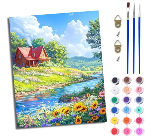 WJWWANG Malen nach Zahlen DIY Handgemalt Ölgemälde Set für Anfänger und Jugendliche Blumige Flusslandschaft Pinsel und Acrylfarbe 40x50 cm Mit Rahmen ideal als Geschenk oder zur Heimdekoration WJWWANG Malen nach Zahlen DIY Handgemalt Ölgemälde Set für Anfänger und Jugendliche Blumige Flusslandschaft Pinsel und Acrylfarbe 40x50 cm Mit Rahmen ideal als Geschenk oder zur Heimdekoration von WJWWANG
